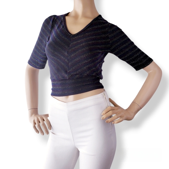 70s Retro Inspired Blue, Purple & Silver Striped Metallic Open Back Blouse - Picture 7 of 8